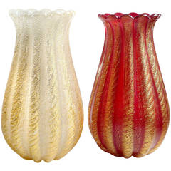 Ercole Barovier Toso Murano Red and White Gold Flecks Italian Art Glass Vases 6