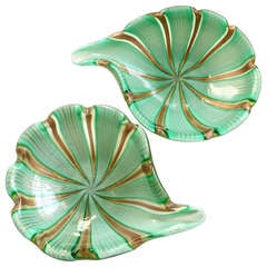 Dino Martens Murano Green Aventurine Gold Flecks Italian Art Glass Bowls Dino Martens Murano Green Aventurine Gold Flecks Italian Art Glass Bowls