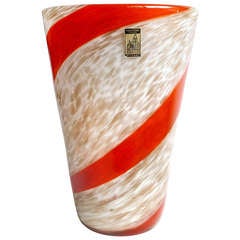 Fratelli Toso Murano Red Stripe Aventurine Flecks Italian Art Glass Flower Vase