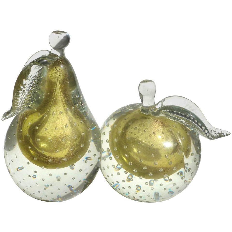 Alfredo Barbini Murano Sommerso Olive Gold Italian Art Glass Fruit Bookends