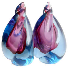 Alfredo Barbini Murano Sommerso Purple Blue Flame Italian Art Glass Bookends