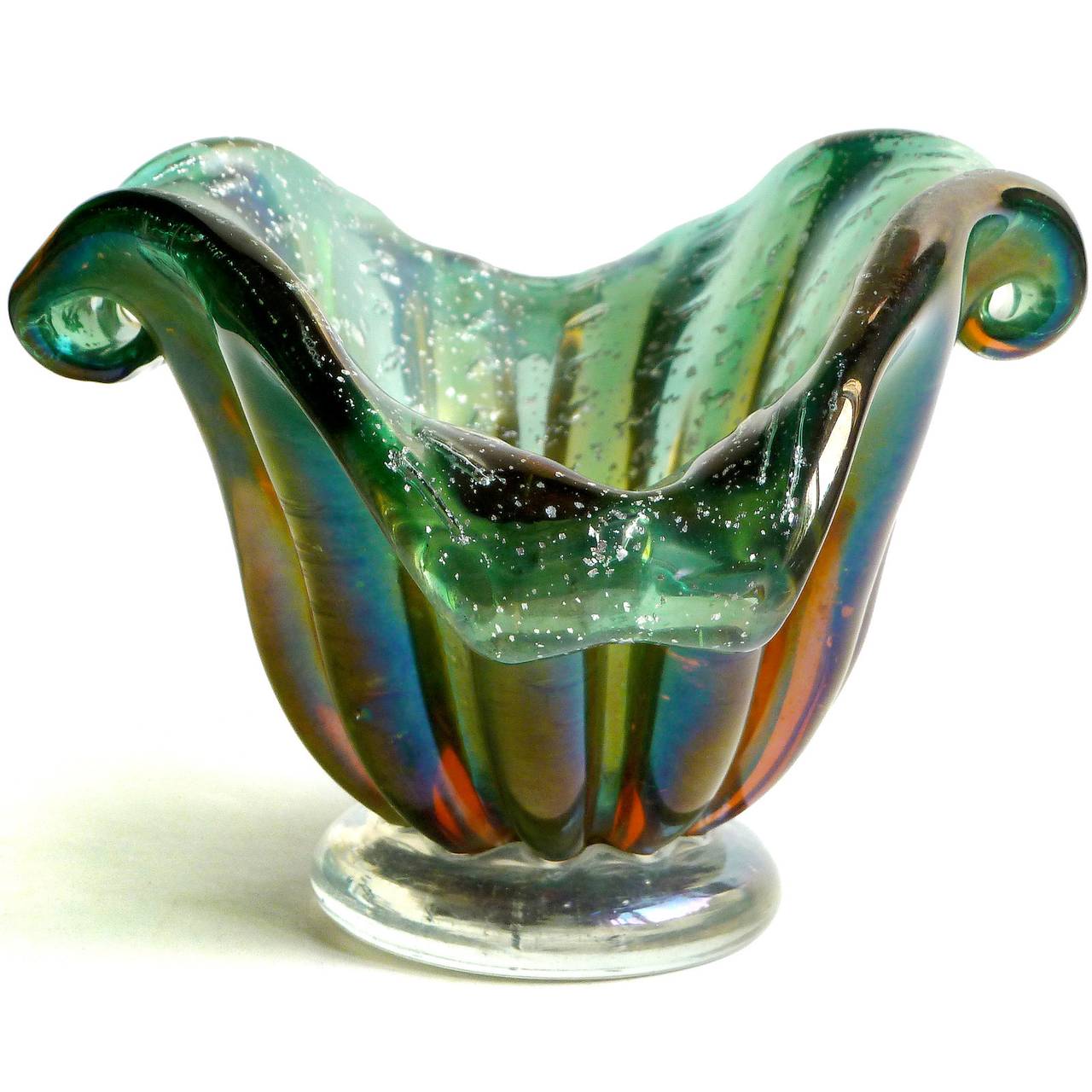 Barovier Toso Murano Iridescent Silver Flecks Green Italian Art Glass Bowl In Excellent Condition In Kissimmee, FL