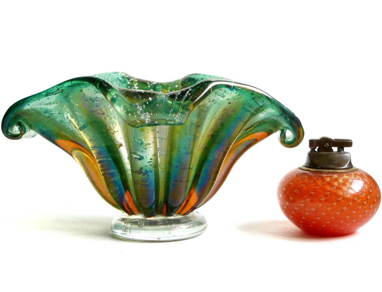 Barovier Toso Murano Iridescent Silver Flecks Green Italian Art Glass Bowl 1