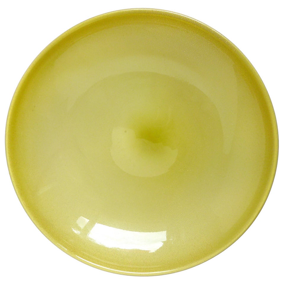 Large Alfredo Barbini Murano Yellow Green Gold Flecks Art Glass Center Bowl