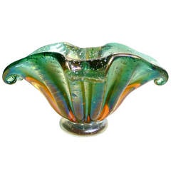 Barovier Toso Murano Iridescent Silver Flecks Green Italian Art Glass Bowl