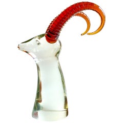 Salviati Murano Amber Red Big Horn Antelope Head Italian Art Glass Sculpture