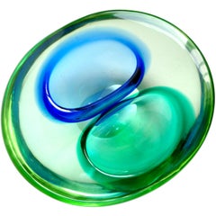 Murano Sommerso Green and Blue Italian Art Glass Double Opening Bowl