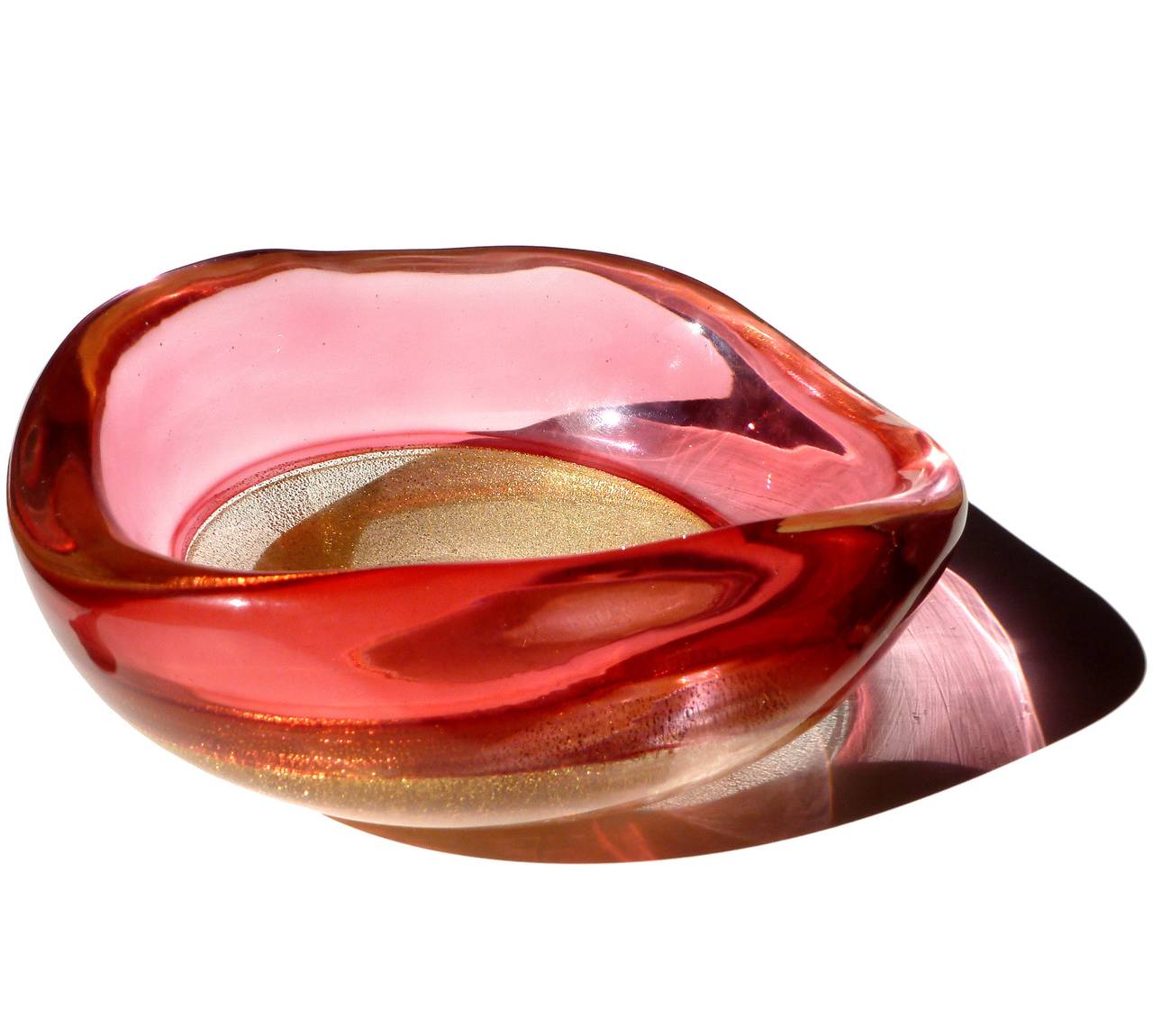 Archimede Seguso Murano Gold Flecks Pink Incalmo Rim Italian Art Glass Bowl In Excellent Condition In Kissimmee, FL