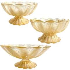 Retro Ercole Barovier Murano Gold Flecks Italian Art Glass Footed Compote Bowls