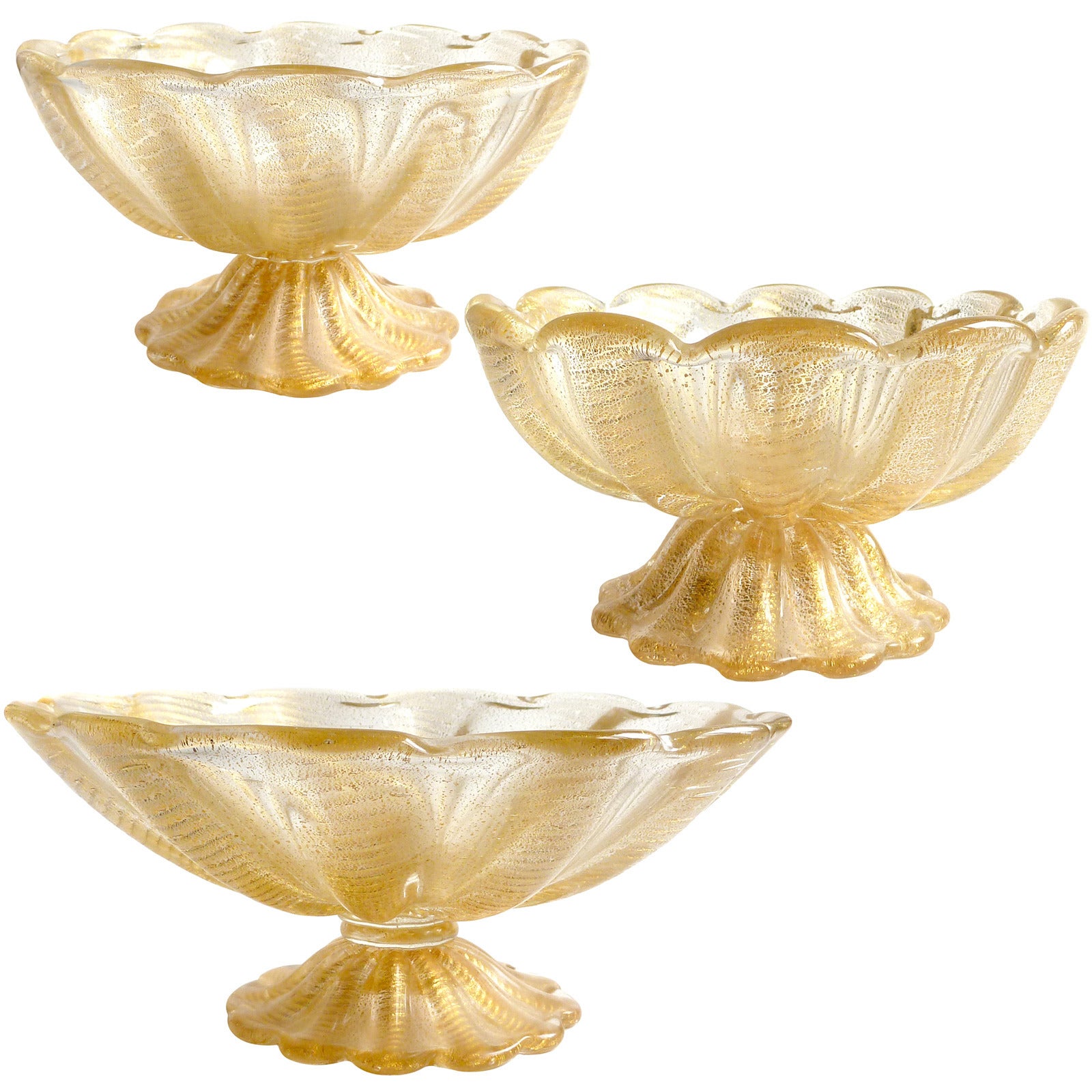 Ercole Barovier Murano Gold Flecks Italian Art Glass Footed Compote Bowls