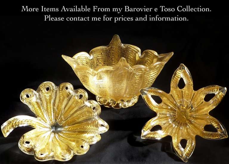 Blown Glass Ercole Barovier Murano Gold Flecks Italian Art Glass Footed Compote Bowls