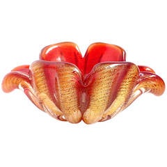 Ercole Barovier Murano Red Gold Flecks Italian Art Glass Flower Form Bowl 5