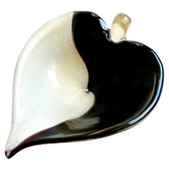 Alfredo Barbini Murano Black Gold Flecks Italian Art Glass Leaf Shape Ring Bowl