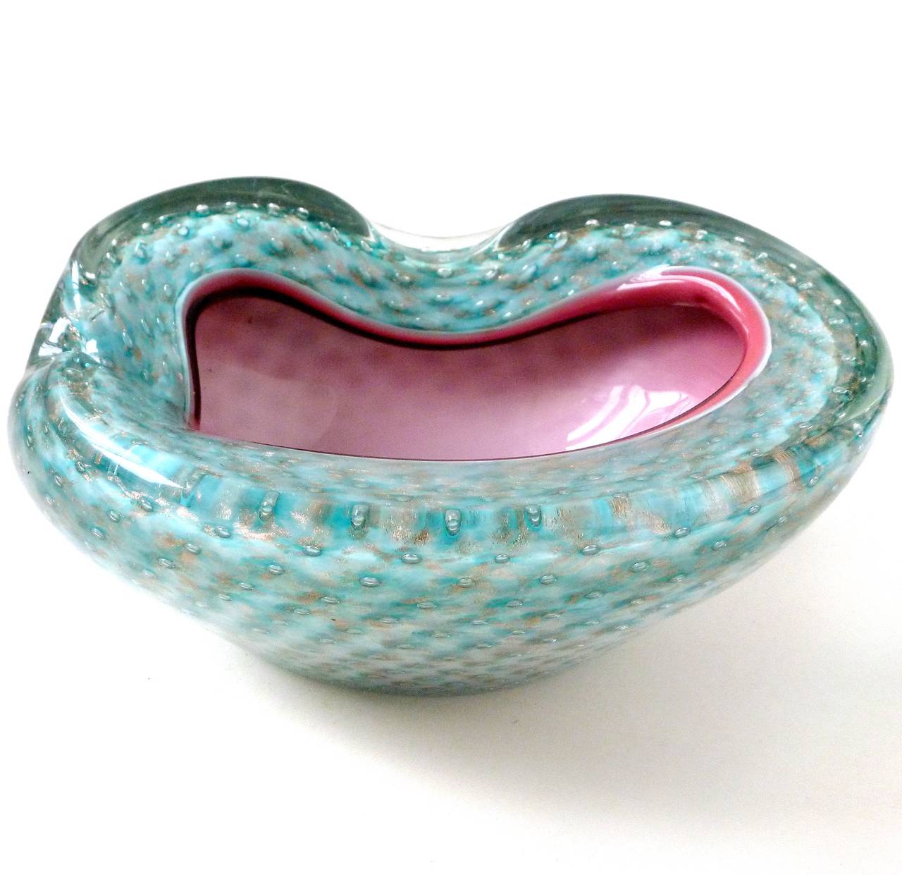 Mid-Century Modern Fratelli Toso Murano Blue Pink Controlled Bubbles Italian Art Glass Bowls