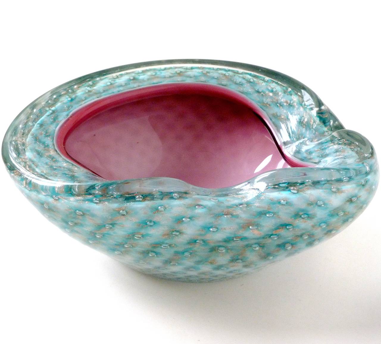 Fratelli Toso Murano Blue Pink Controlled Bubbles Italian Art Glass Bowls In Excellent Condition In Kissimmee, FL