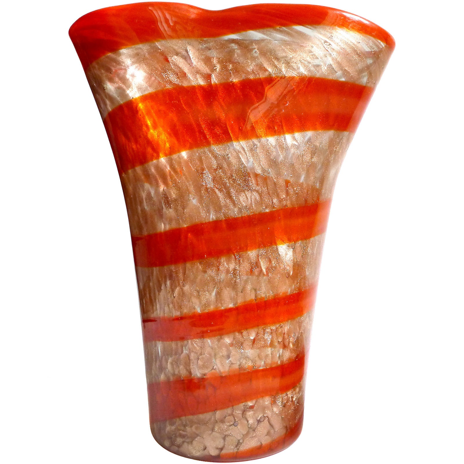 Fratelli Toso Murano Red Orange Stripe Aventurine Flecks Italian Art Glass Vase