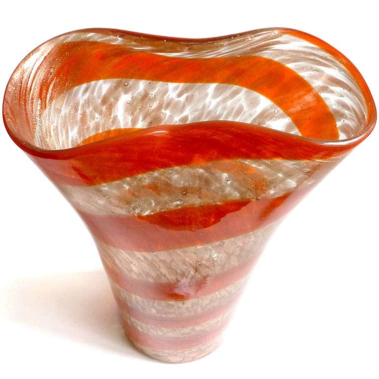 Mid-Century Modern Fratelli Toso Murano Red Orange Stripe Aventurine Flecks Italian Art Glass Vase