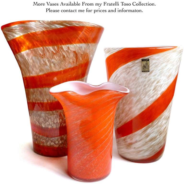 Mid-20th Century Fratelli Toso Murano Red Orange Stripe Aventurine Flecks Italian Art Glass Vase