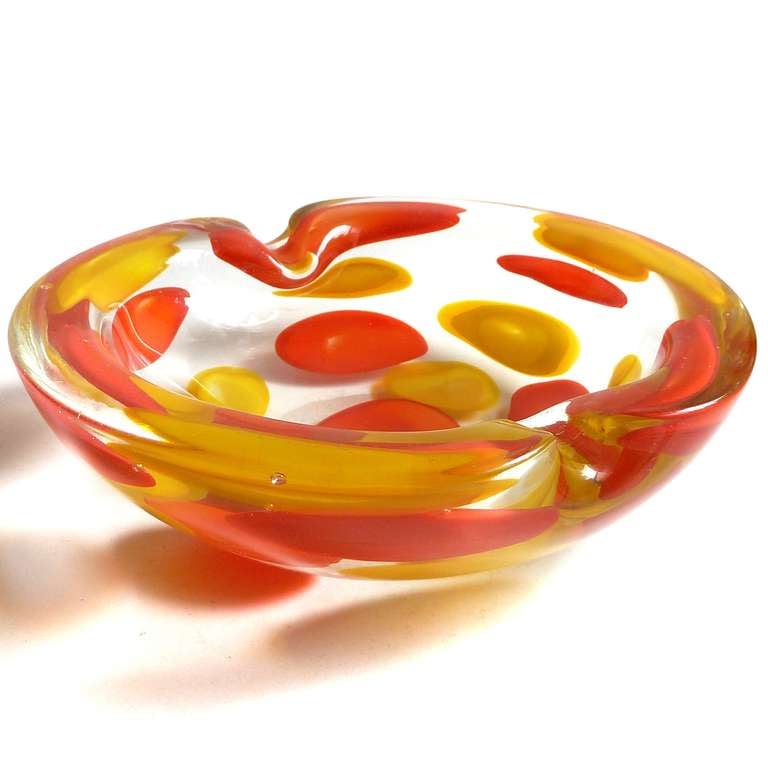 Free Shipping Worldwide! See details below description.

Colorful Murano Hand Blown Art Glass Bowl with Yellow and Orange Sliced Murrine Pieces. Documented to Ermanno Toso, for Fratelli Toso, in the 