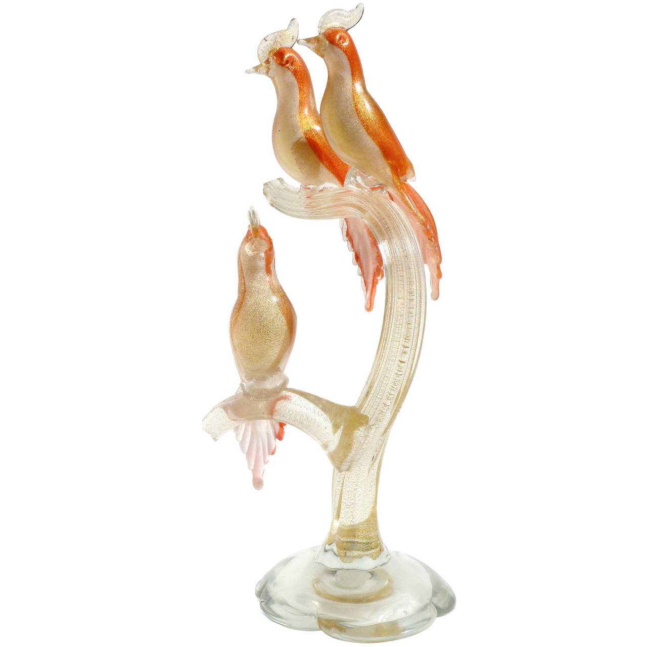 FREE Shipping Worldwide! See details below description.

Rare and Gorgeous Murano Hand Blown Orange, White and Gold Flecks 3 Birds on a Tree Art Glass Sculpture. Attributed to designer Alfredo Barbini, circa 1950s, with original label. The label