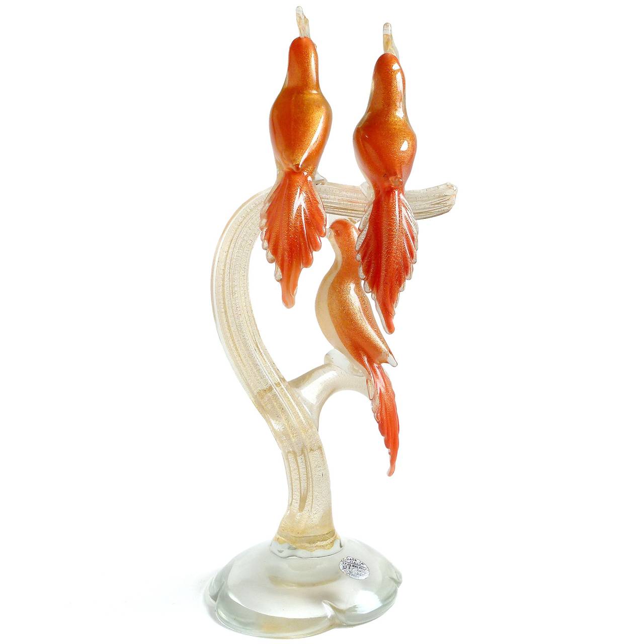 Mid-Century Modern Alfredo Barbini Murano Orange White Gold Flecks Italian Art Glass Bird Sculpture