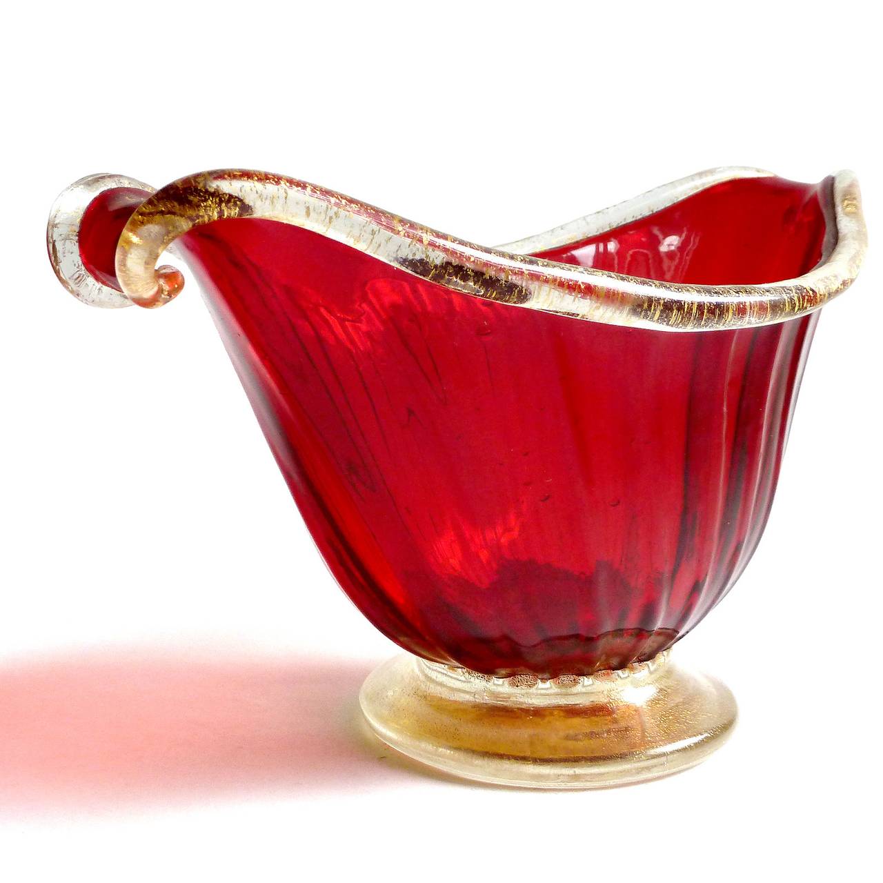 Mid-Century Modern Barovier Toso Murano Red Gold Trim Italian Art Glass Gondola Footed Bowl Dish