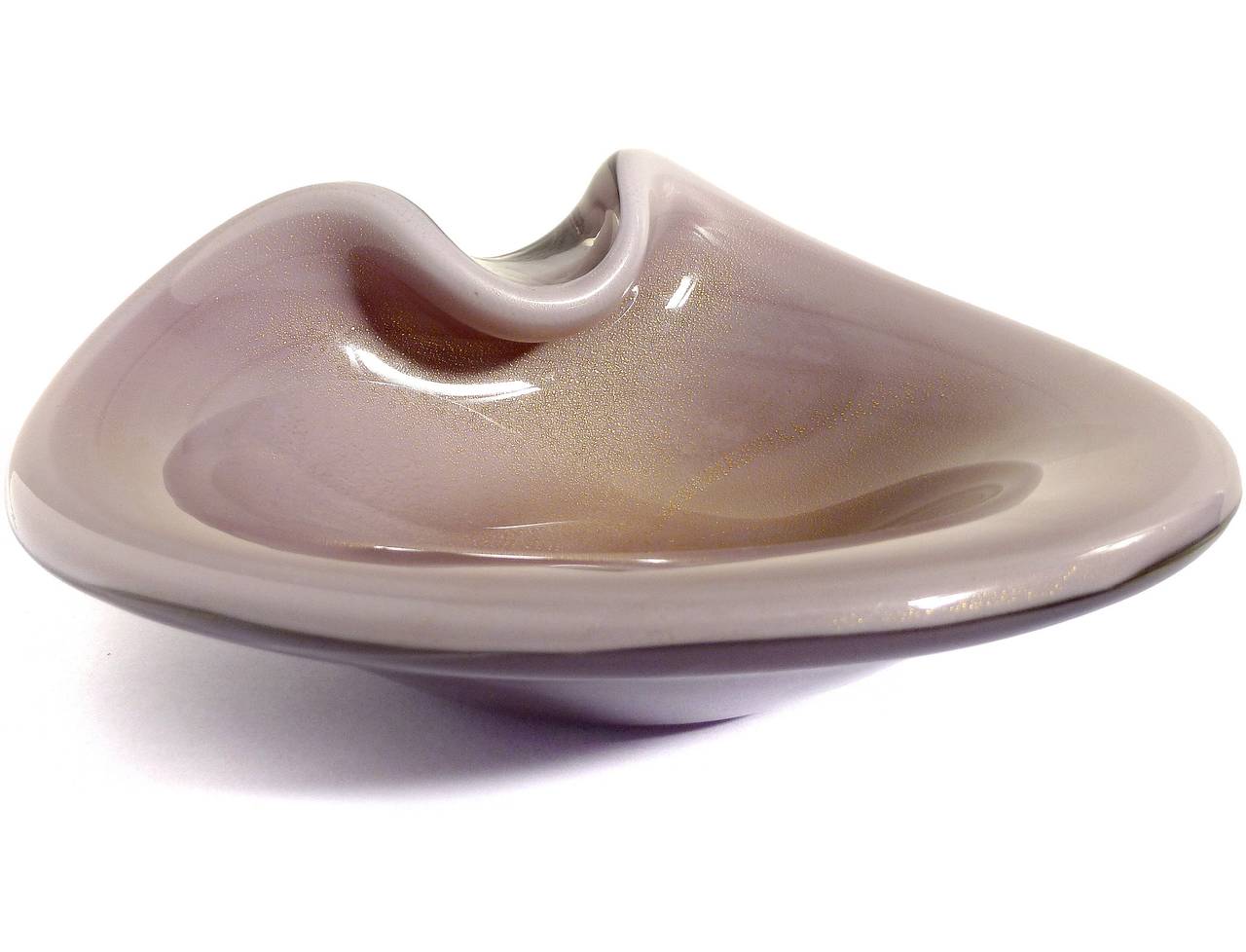 FREE Shipping Worldwide! See details below description.

Beautiful Murano Hand Blown Lavender Purple and Gold Flecks Art Glass Bowl or Jewelry Dish. Attributed to designer Alfredo Barbini. The piece has a flip top with indent and has a pedestal