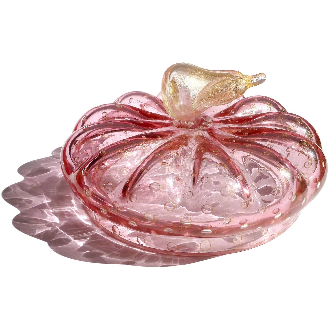 Mid-Century Modern Large Murano Pink and Gold Flecks Pear Top Italian Art Glass Candy / Vanity Jar