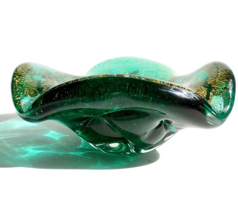 A.Ve.M. Murano Green Gold Flecks Chunky Italian Art Glass Sculptural Bowl