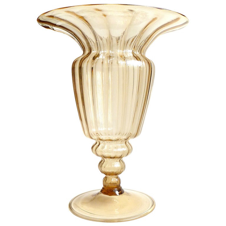 Large Murano Ribbbed Soffiato Italian Art Glass Centerpiece Flower Vase
