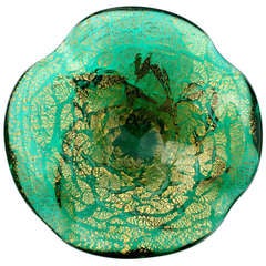 A.Ve.M. Murano Green Gold Flecks Chunky Italian Art Glass Sculptural Bowl