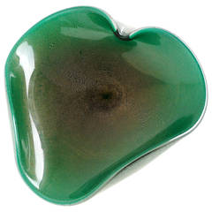 Vintage Seguso Vetri D' Arte Murano Gold Flecks Green Italian Art Glass Heart Bowl Tray