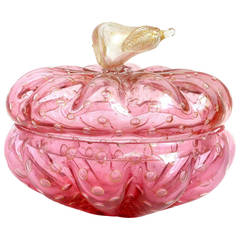 Large Murano Pink and Gold Flecks Pear Top Italian Art Glass Candy / Vanity Jar