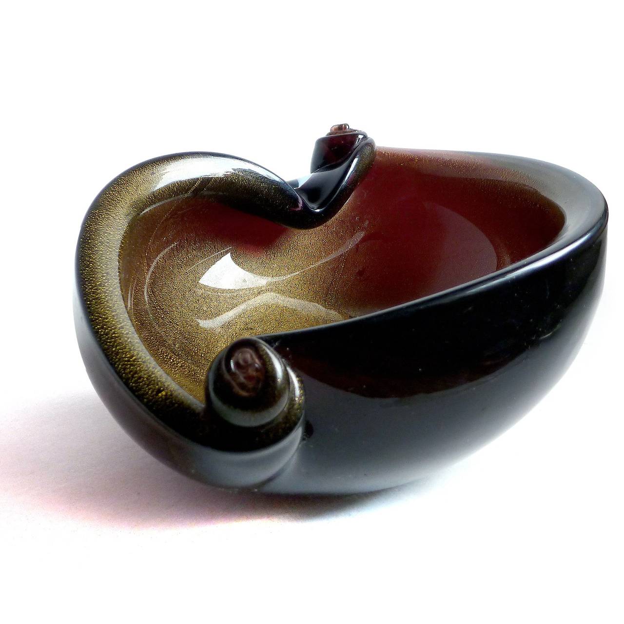 Barbini Murano Black Amethyst Gold Flecks Italian Art Glass Scroll Shell Bowl