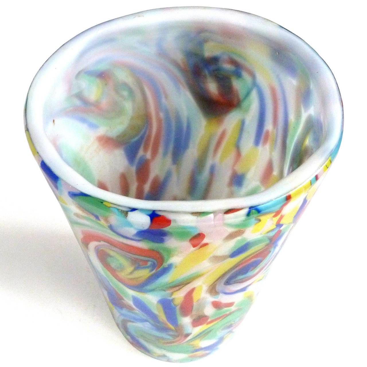 Mid-Century Modern Fratelli Toso Murano Rainbow Color Swirls Italian Art Glass Flower Vases