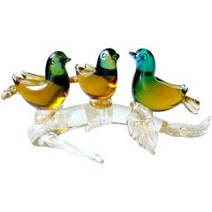 Seguso Vetri D Arte Murano Sommerso Gold Italian Art Glass 3 Birds Sculpture