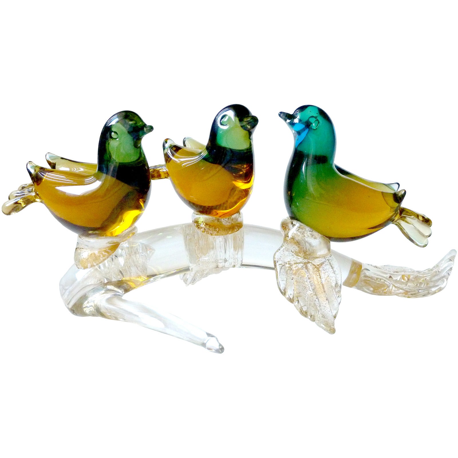 Seguso Vetri D Arte Murano Sommerso Gold Italian Art Glass 3 Birds Sculpture