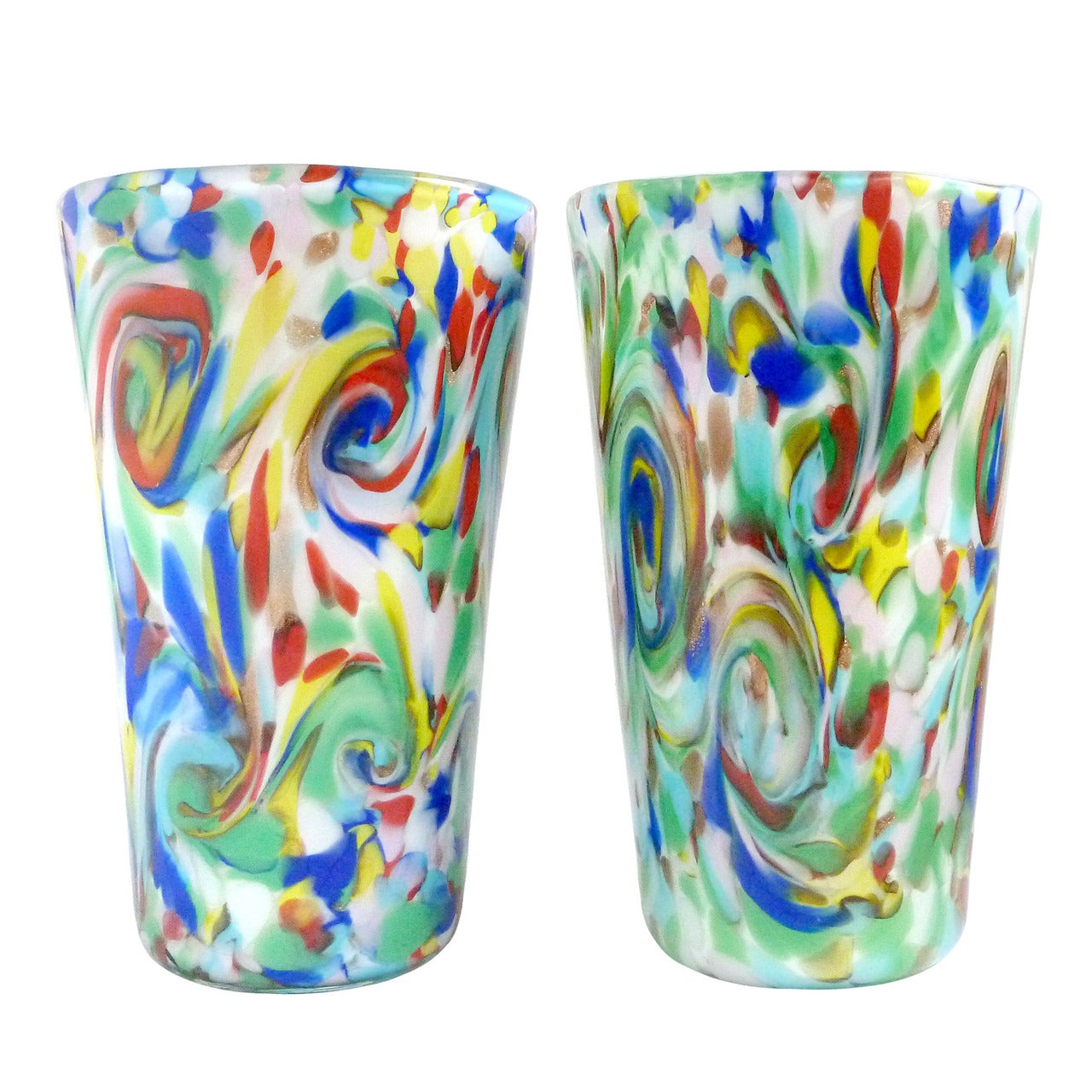 Fratelli Toso Murano Rainbow Color Swirls Italian Art Glass Flower Vases