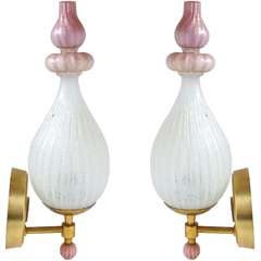 Barovier Murano Pink Gold Fleck Pulegoso White Italian Art Glass Wall Sconces