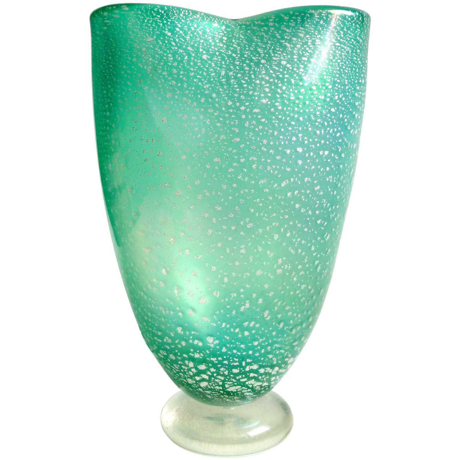 Barovier Toso Murano Silver Fleck Green Iridescent Italian Art Glass Flower Vase