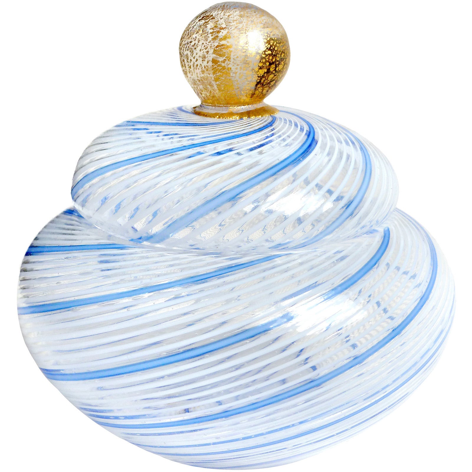 Dino Martens Aureliano Toso Murano Blue White Italian Art Glass Powder Box