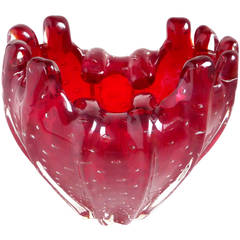 Signed Venini Murano Red Fingers Rim Italian Art Glass Sculptural Flower Vase 2