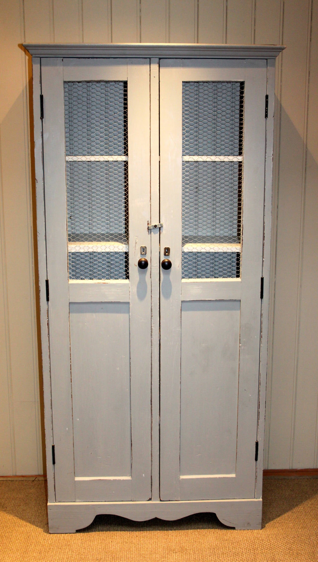 Painted pine cupboard having two full length doors with chicken wire on the upper sections having an arrangement of eight narrow fixed internal shelves raised on a shaped plinth