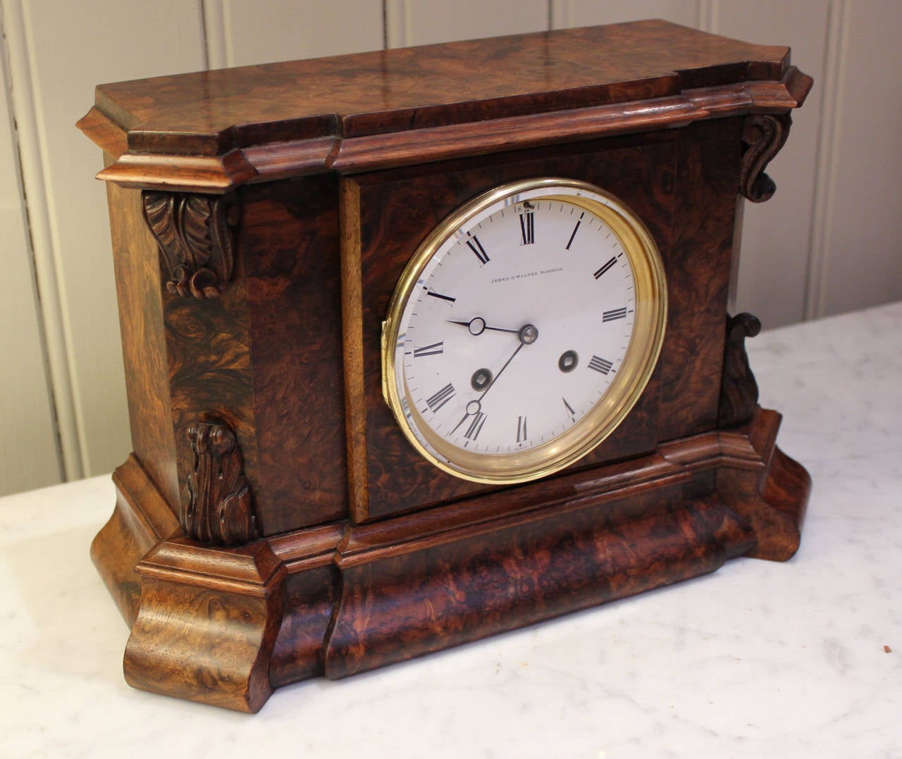European *Victorian Burr Walnut Bell Striking Mantel Clock