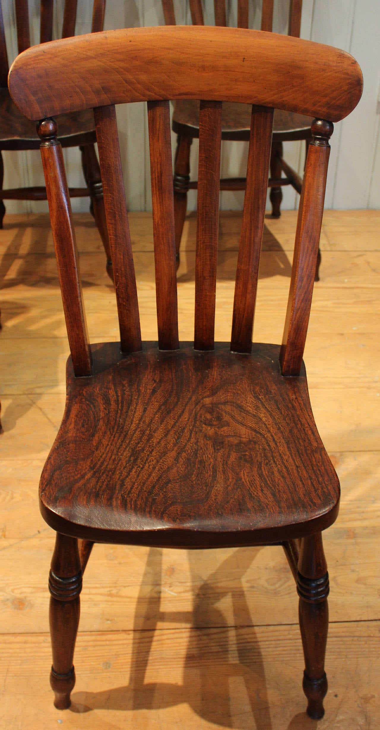 English Set of Four Elm and Beech Lath Back Chairs