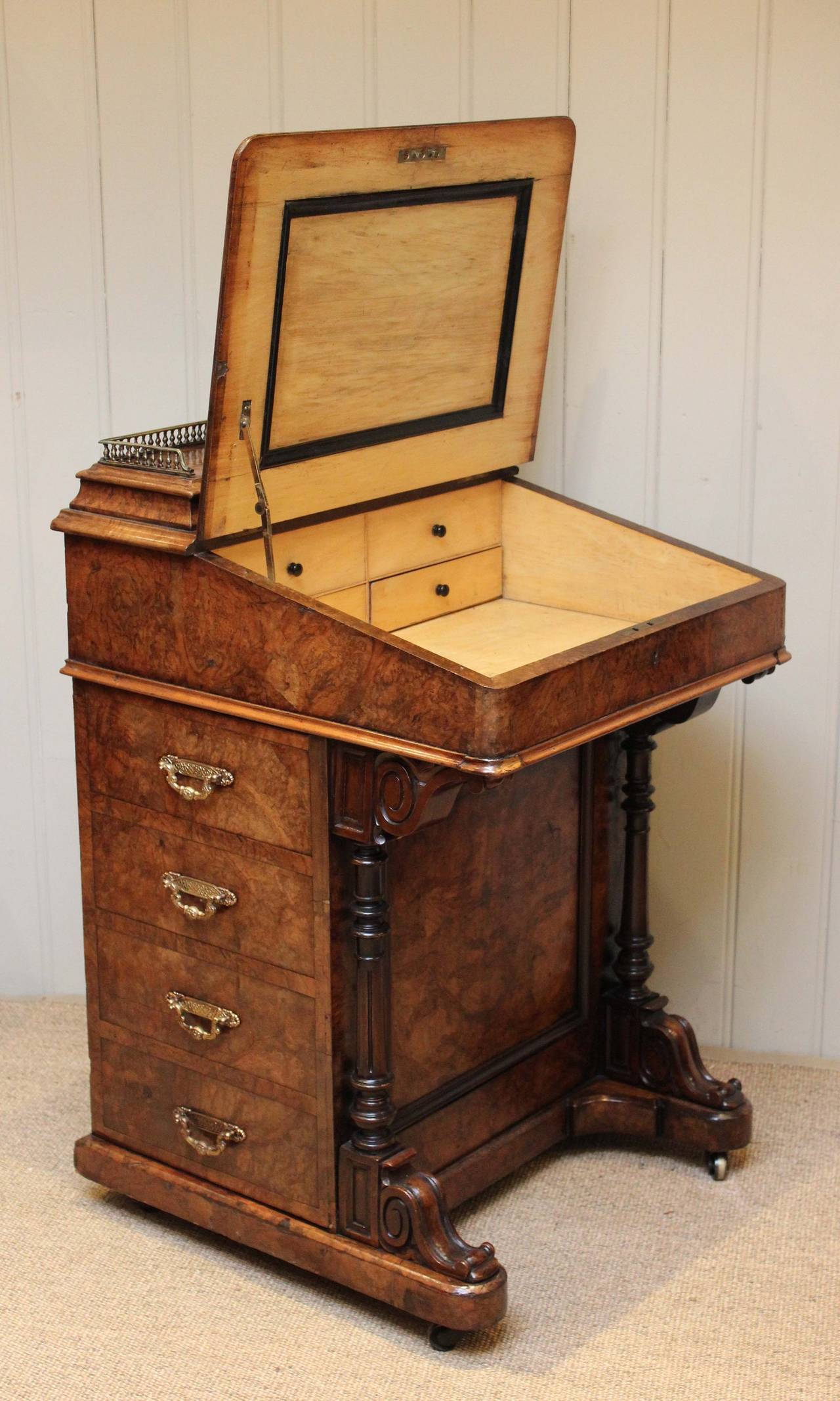 19th Century Victorian Burr Walnut Davenport Desk