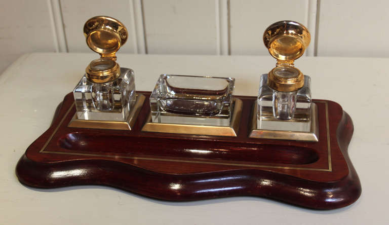 20th Century French Mahogany and Brass Inlaid Inkstand