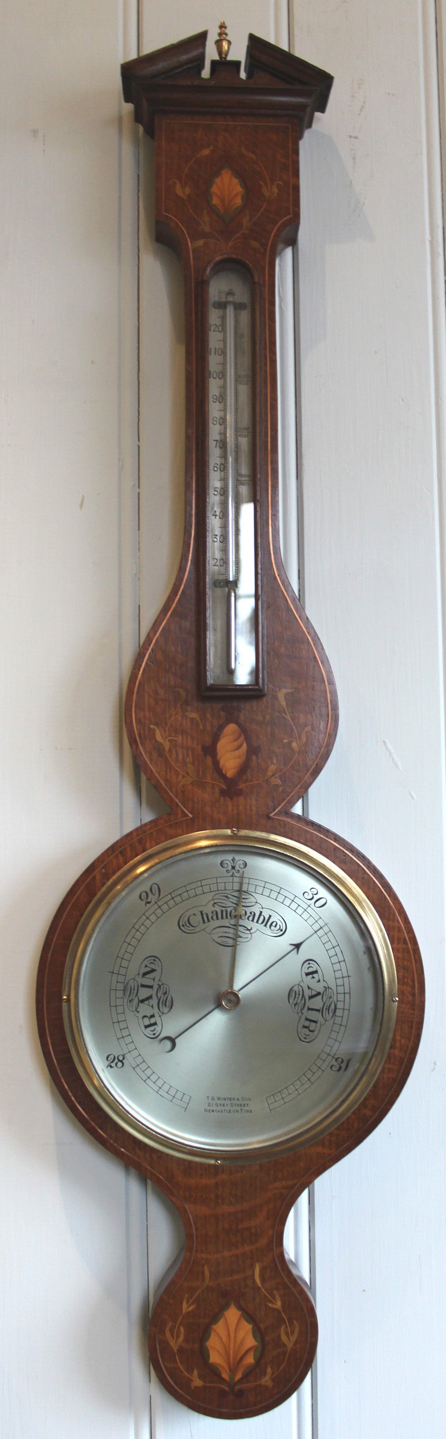 Edwardian Oak and Inlay Banjo Barometer 