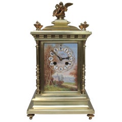 Antique Brass and Porcelain Panel Mantel Clock 