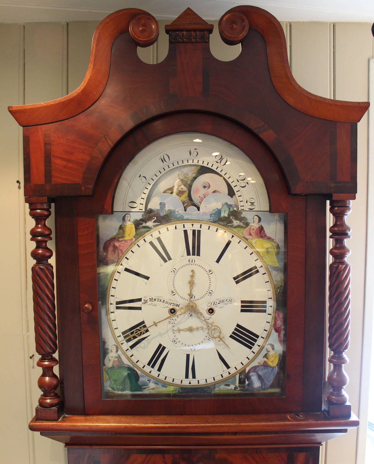 English Vast Moon Roller Mahogany Longcase Clock